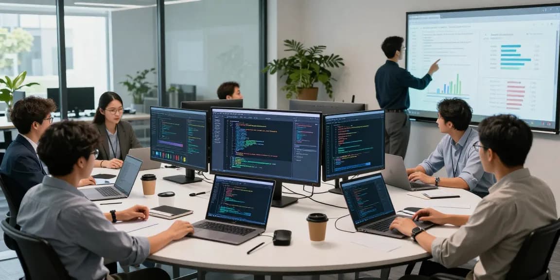 AI detector demonstration in modern office with data scientists analyzing algorithms and analytics dashboards.