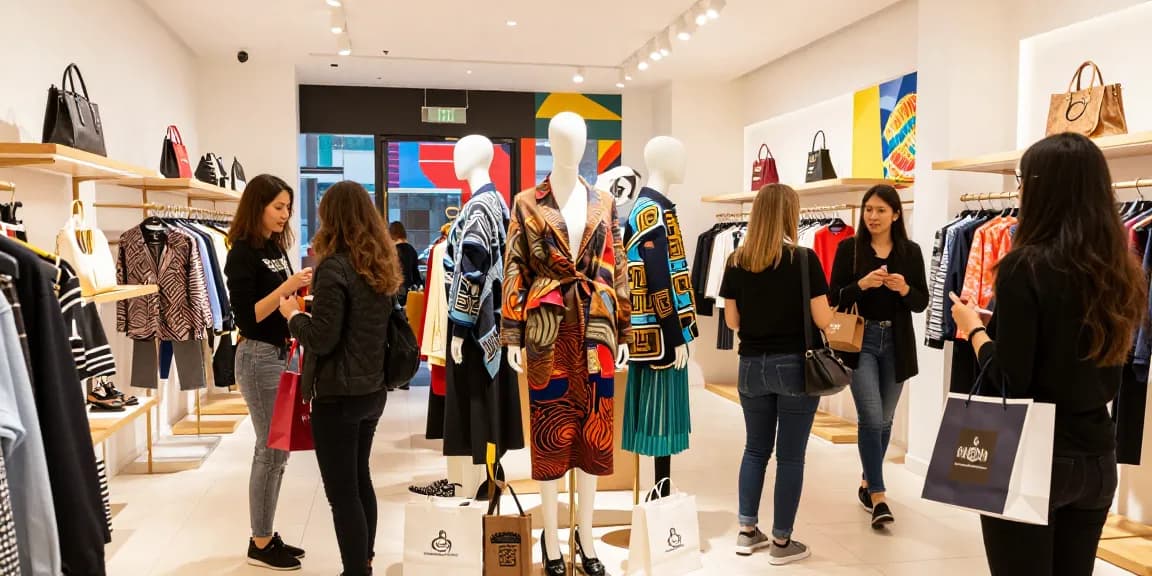 Fashionable shoppers evaluate luxurious 레플리카 items in a vibrant retail store environment.