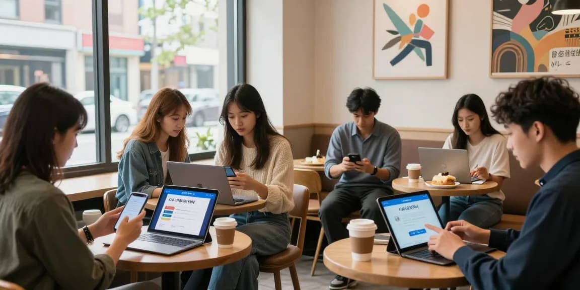 People using 시카고페이 for quick payments in a modern café environment