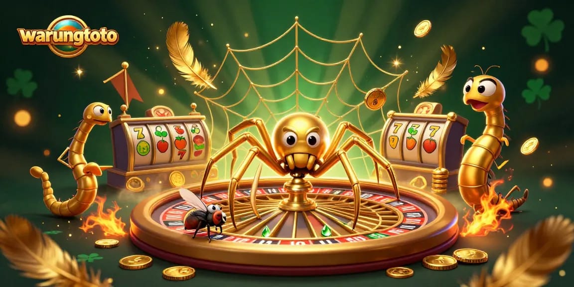 Experience the excitement of warungtoto with a lively golden web roulette scene featuring unique characters and casino elements.