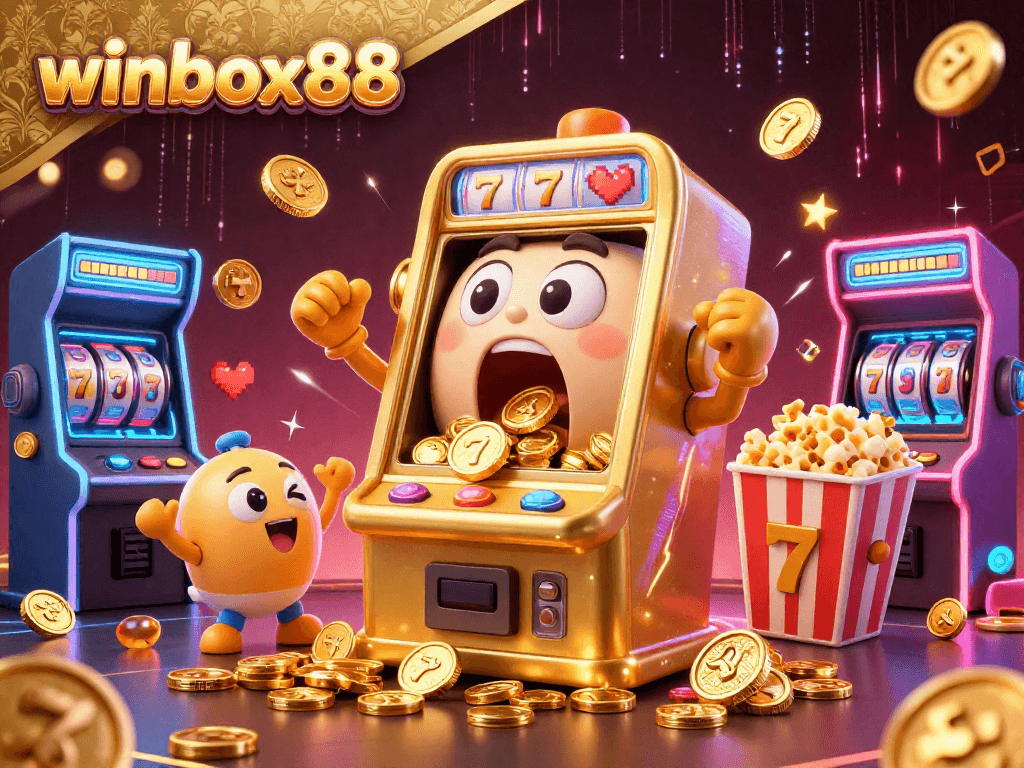 Winbox88 golden slot machine hits jackpot as coins fly, surrounded by cheering baby slots and arcade elements.