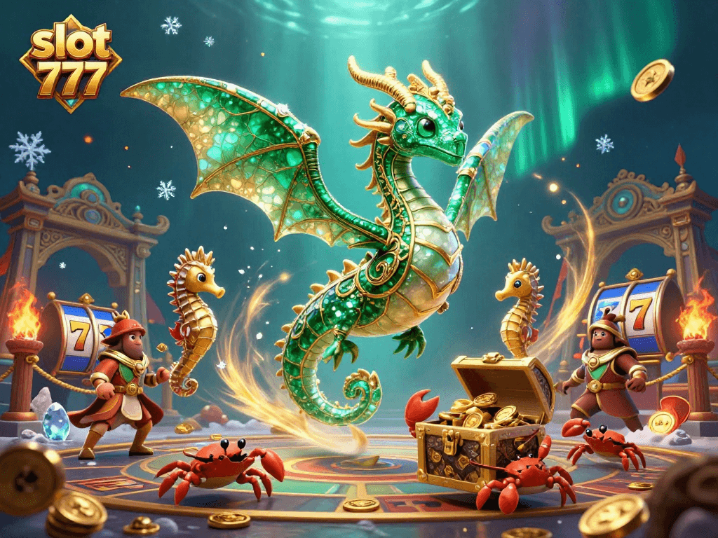 Engage in slot 777 with vibrant dragons, treasure, and dynamic casino elements.