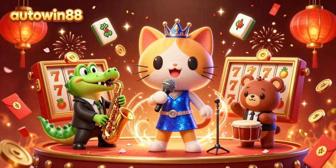 Experience the excitement of winning with autowin88's vibrant casino illustrations featuring lively characters and gaming elements.