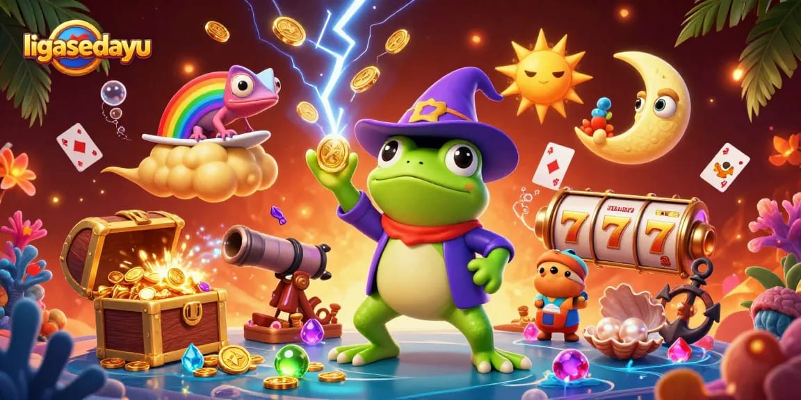 Experience thrilling gains with ligasedayu as the wizard frog unleashes gold coins in a vibrant casino scene.