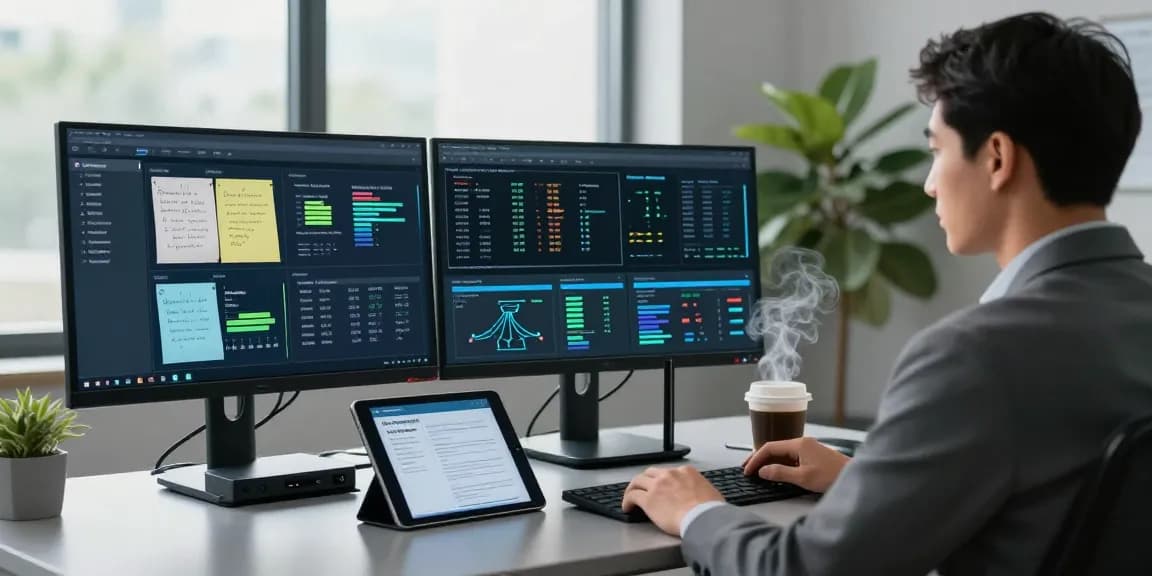 Cybersecurity analyst monitoring threats on https://shs-dome5.com/ in a modern office.