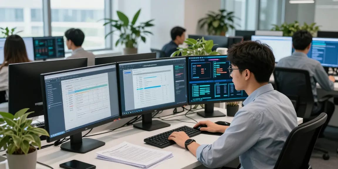 Detect fraud invoice in a busy tech office, cybersecurity analyst reviewing documents with AI algorithms.