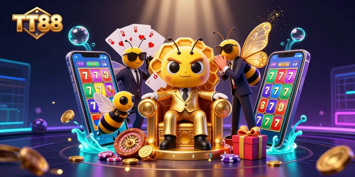 Engage with the vibrant world of TT88 casino games with golden coins, slot reels, and a mob boss theme.