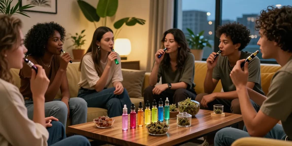 Friends enjoying thc vape pens and cannabis treats in a stylish lounge.