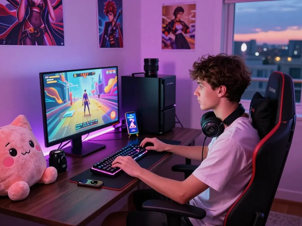 Engaging scene of a player enjoying online sex games in a cozy gaming setup with colorful visuals.