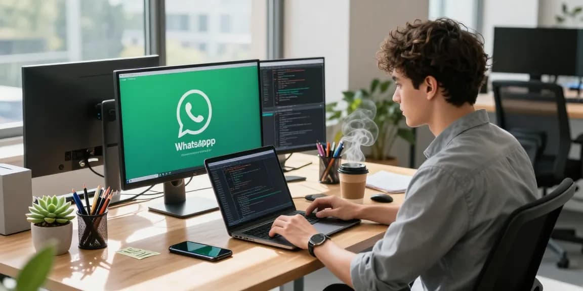 A young professional using WhatsApp電腦版 at a modern workspace with dynamic productivity elements.