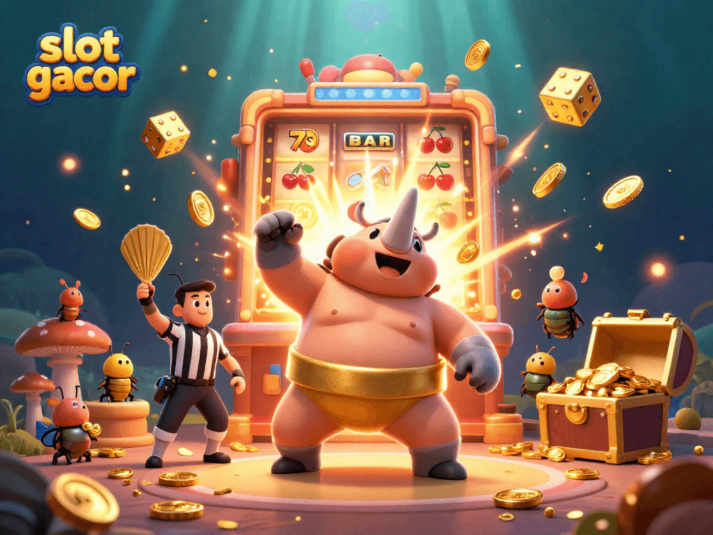 Experience slot gacor excitement with a cartoon beetle sumo champion amidst coins and jackpot symbols.