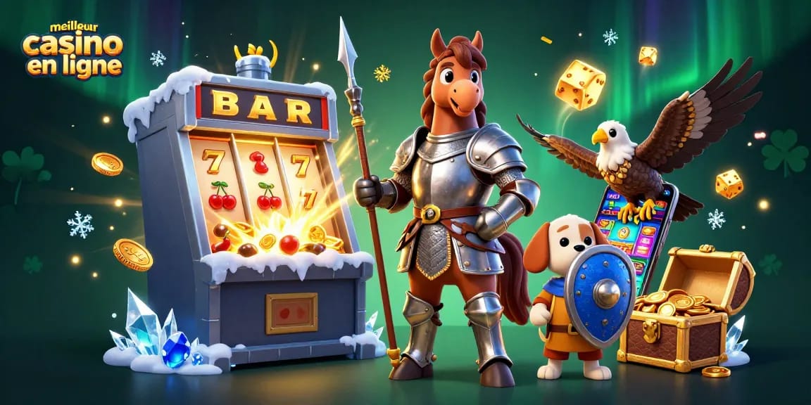 Plongez dans l'univers du meilleur casino en ligne avec un chevalier, son écuyer et un faucon, entourés de jeux et de jackpots.