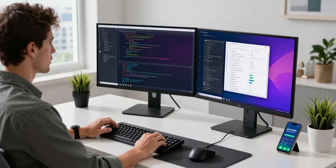 Efficient workspace for snipaste下载 showcasing a software developer coding with vibrant dual monitors.