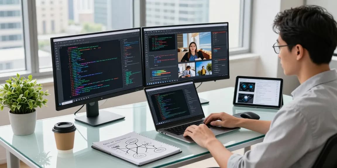 AI detector analysis in a modern workspace with dual monitors and algorithms.