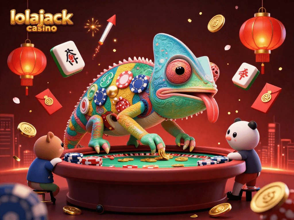 Experience the vibrant excitement of lolajack casino with a chameleon owner capturing golden coins.