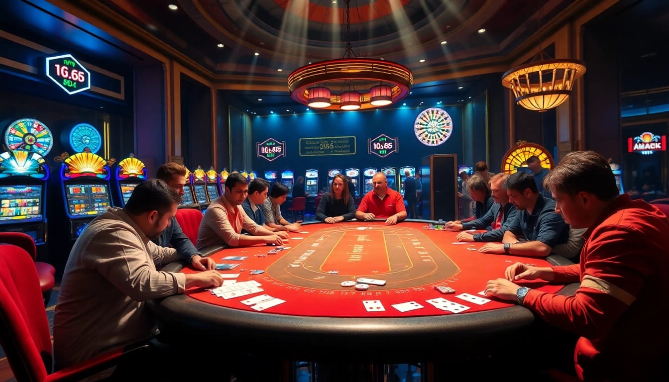 Players engaged in a high-stakes game at PG 66 casino, showcasing vibrant poker action and colorful slot machines.