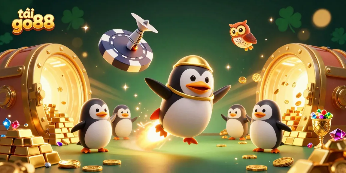 Engage in vibrant adventures with tải go88 featuring a golden penguin and dazzling casino treasures.