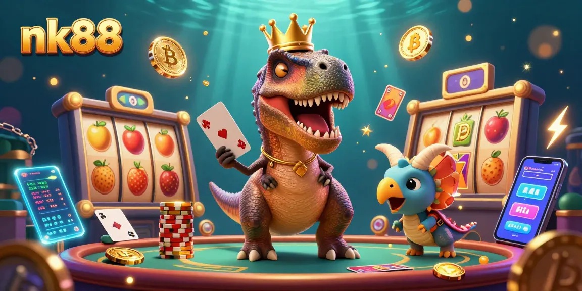 Engage with nk88's vibrant casino scene featuring a card-shuffling T-Rex and neon crypto coins.