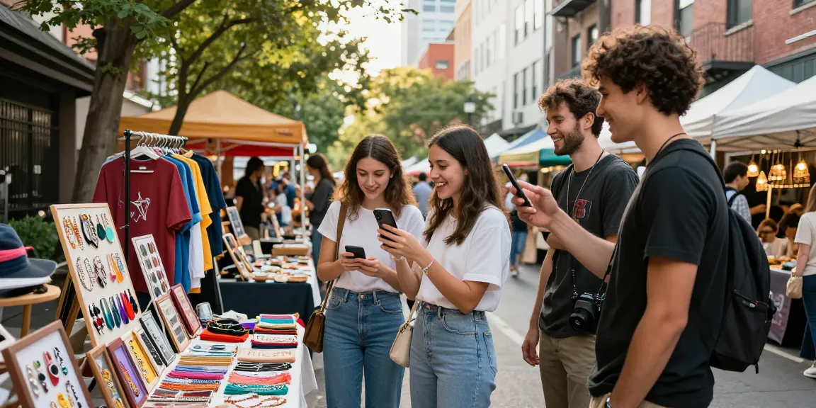 Explore vibrant urban shopping experience with friends discovering unique crafts at https://forumup.org/shop/search.php?ca_id=&addr1=&addr2=&addr3=&schKeyword= amidst colorful stalls and warm sunlight