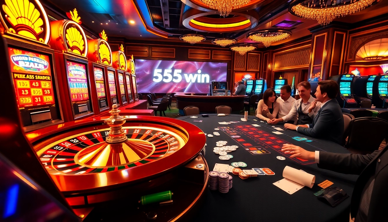 Experience thrilling gameplay at 555win's vibrant casino featuring luxurious slot machines and poker tables.