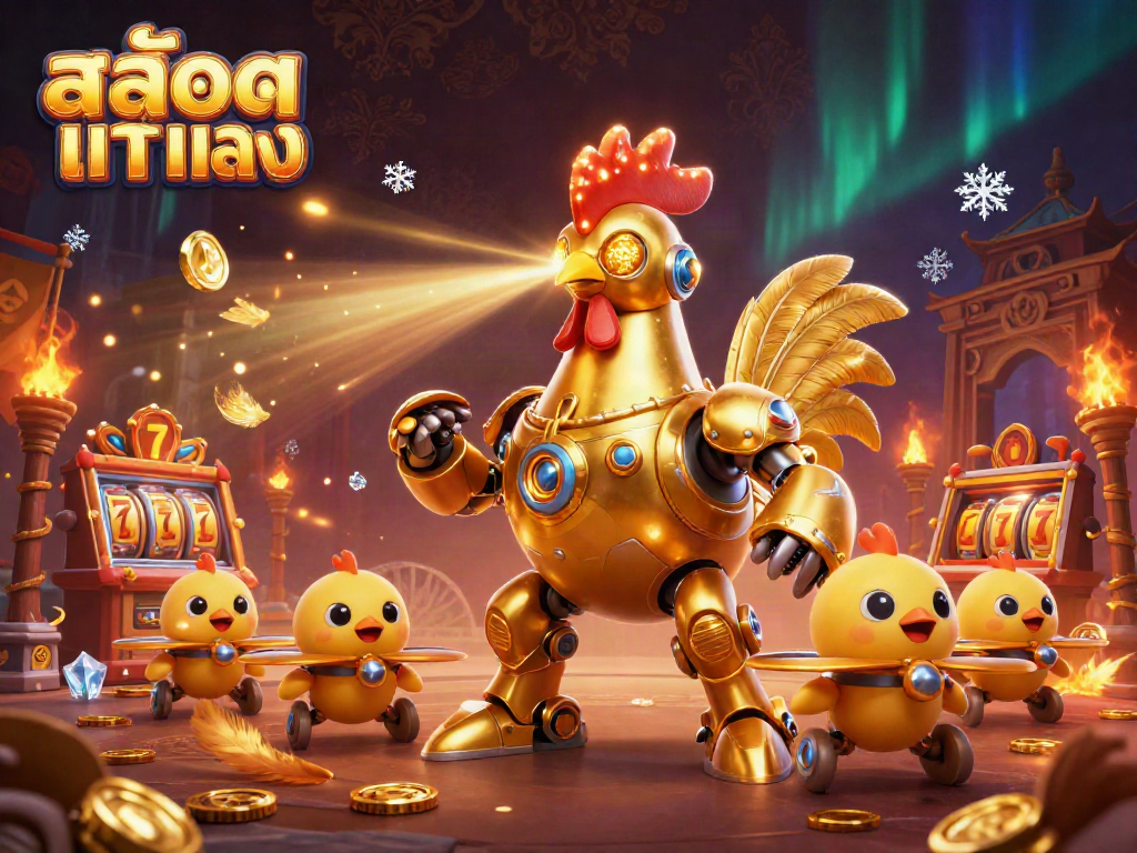 Experience thrilling gameplay with สล็อตแท้ตรง, a robotic golden rooster shooting lasers amidst vibrant casino elements.
