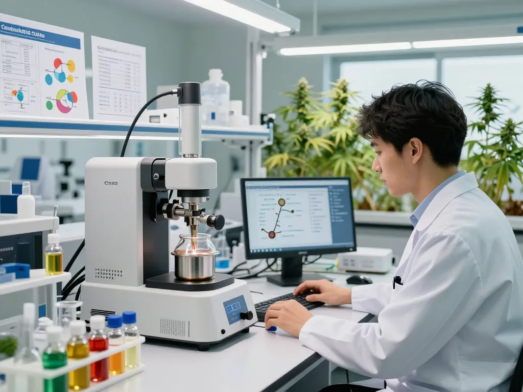 WeeDutch scientist analyzing cannabinoid formulas in a modern lab environment.