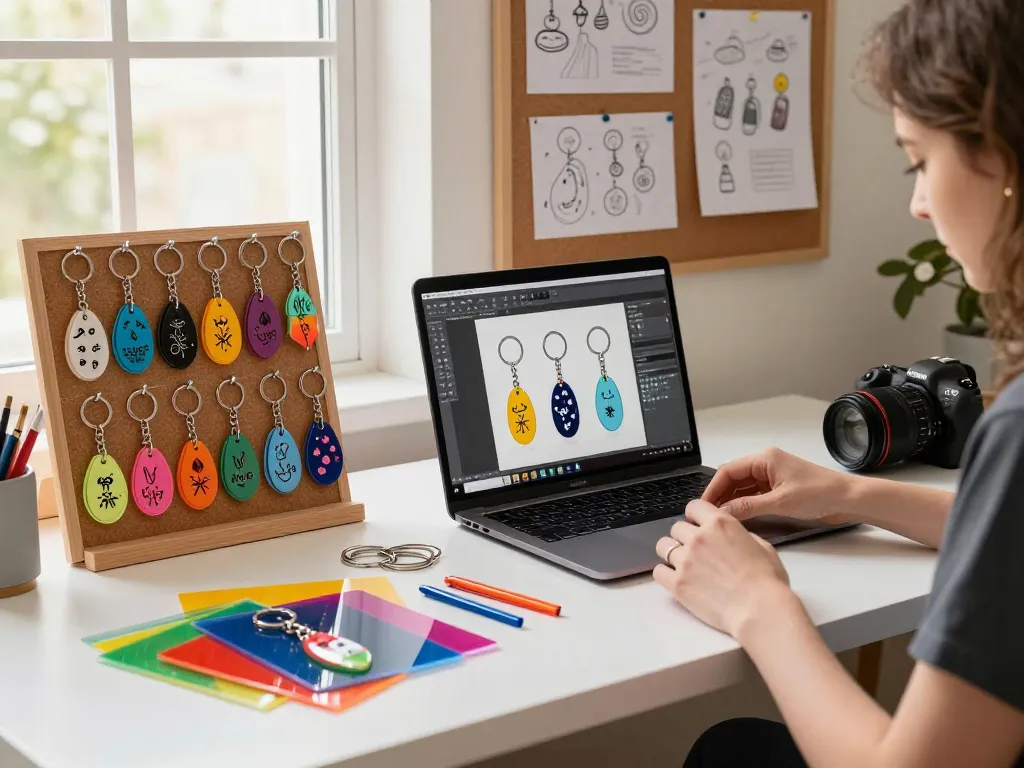 Designer creating customized key chains in a colorful, inspiring workspace.
