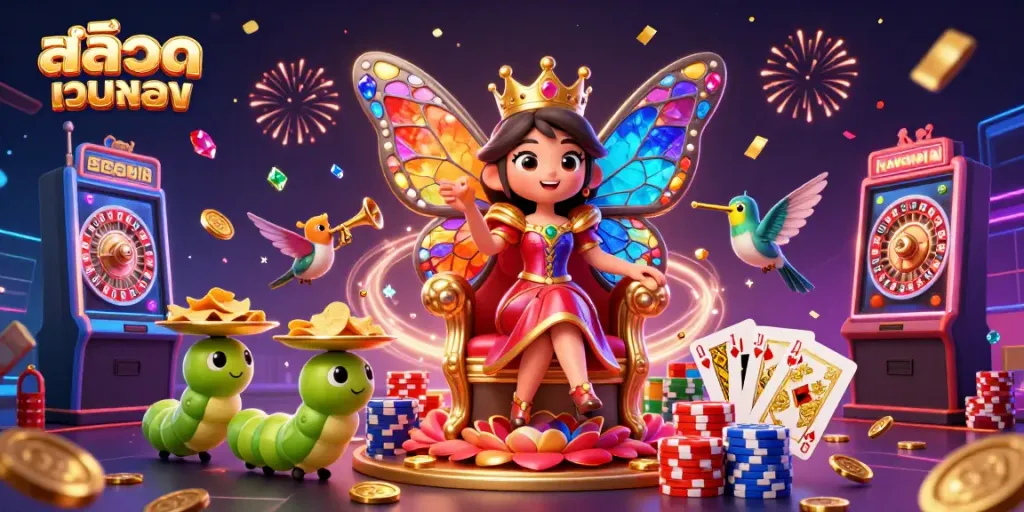 Engage with สล็อตเว็บตรง through vibrant 3D illustration showcasing dynamic casino elements and characters.