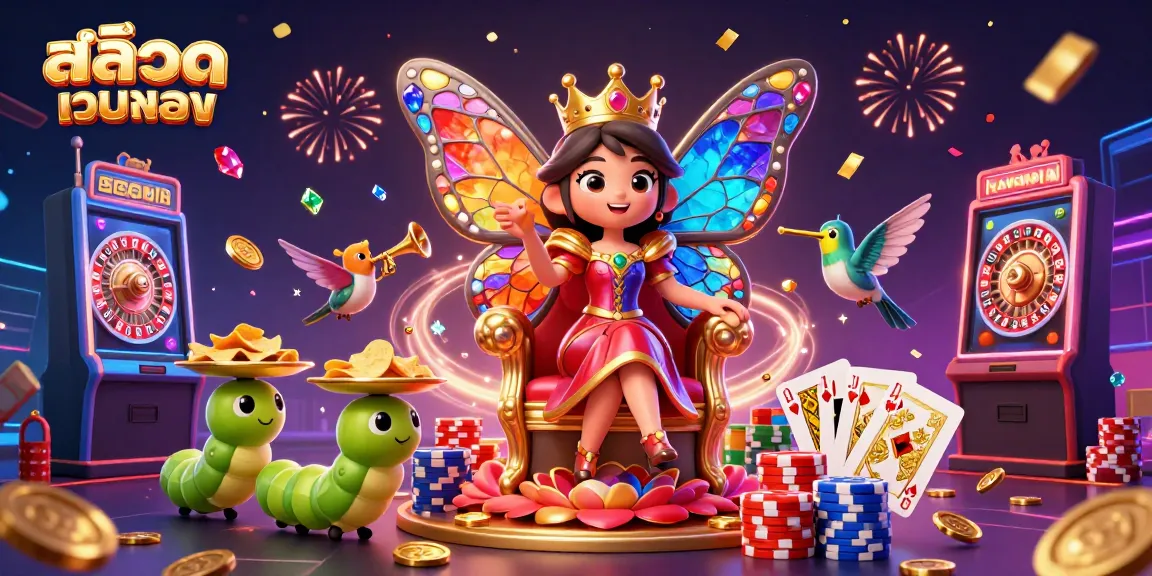 Engage with สล็อตเว็บตรง through vibrant 3D illustration showcasing dynamic casino elements and characters.