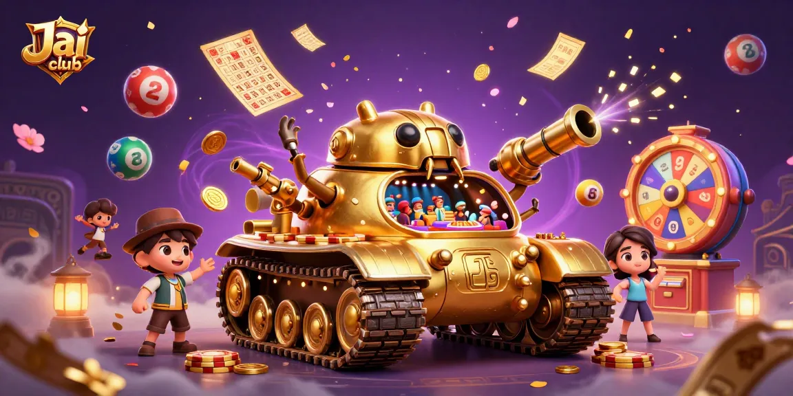 Experience fun at Jai club with a dynamic 3D casino scene featuring colorful lottery balls and a festive atmosphere.