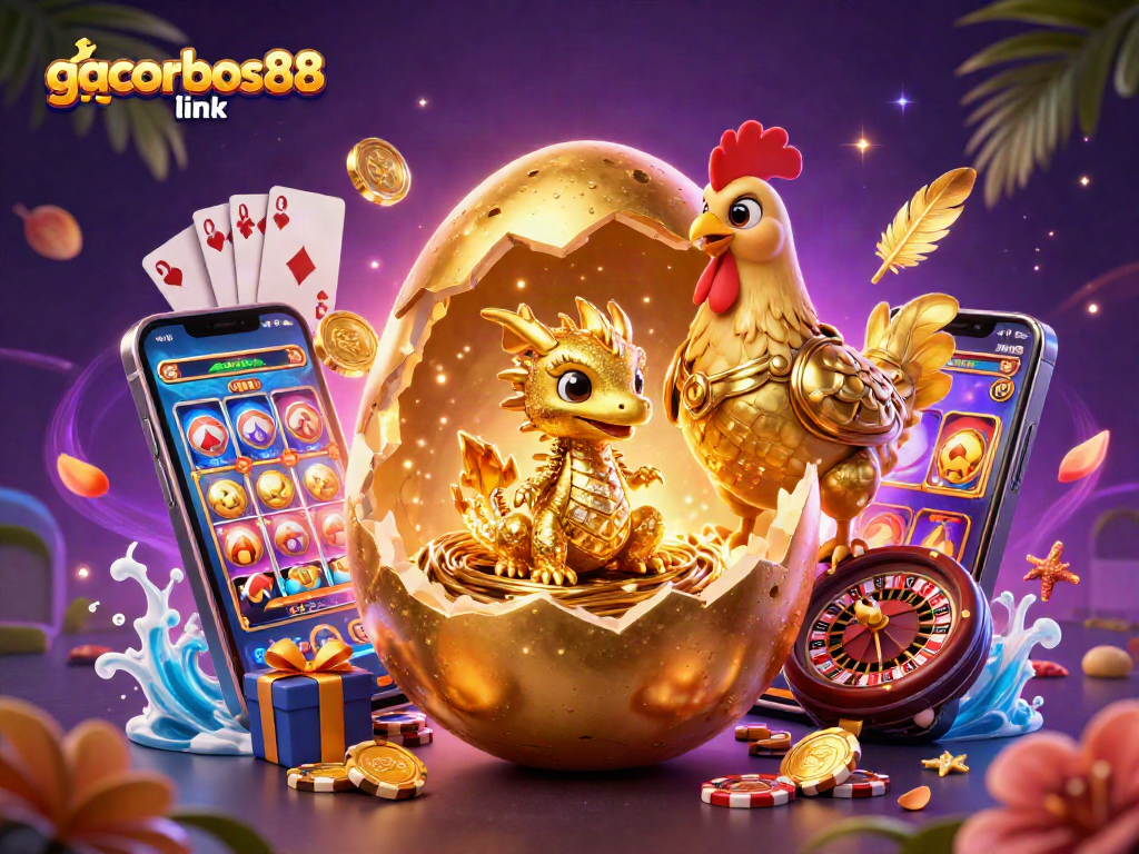 Experience winning excitement with gacorbos88 link as a golden dragon emerges from a cracking egg surrounded by poker chips.