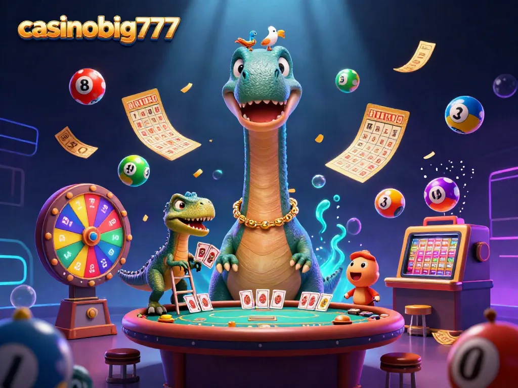Experience the fun of casinobig777 with dynamic lottery balls and interactive characters in a vibrant casino setting.