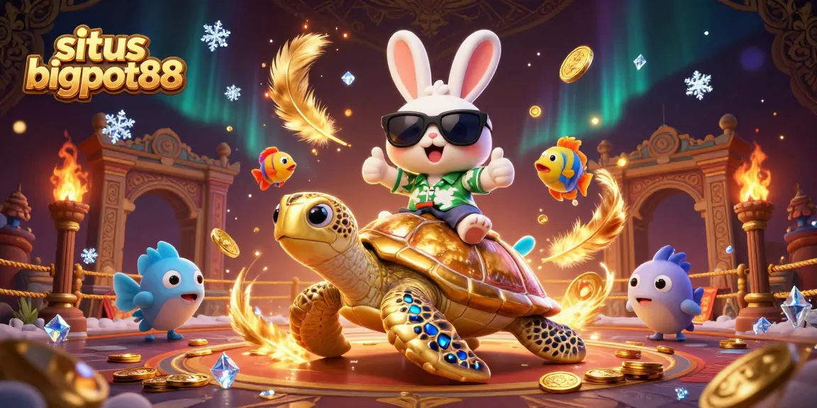 Join the fun at situs bigpot88 with a lucky rabbit and golden turtle in this vibrant casino scene.