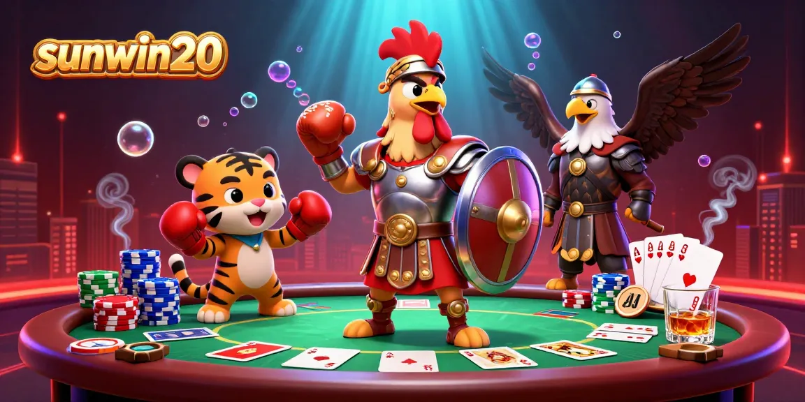 Experience sunwin20's thrilling atmosphere with cartoon characters playing poker in a vibrant casino.