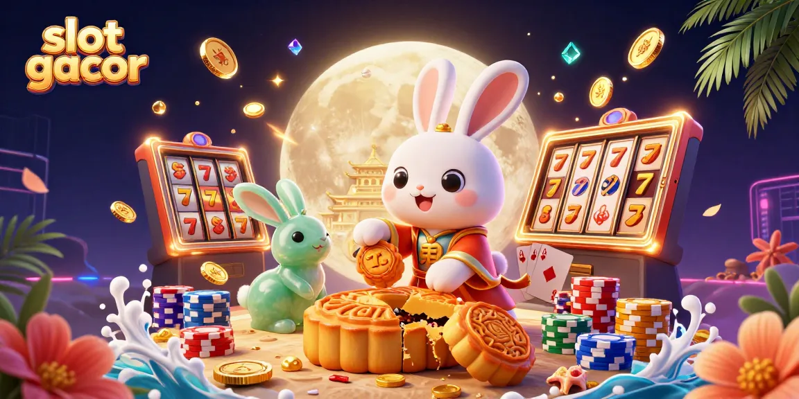 Engaging slot gacor scene with moon rabbit and treasures, vibrant and dynamic.