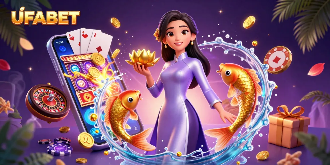 Win with UFABET in this vibrant casino scene featuring an Asian woman and golden koi.