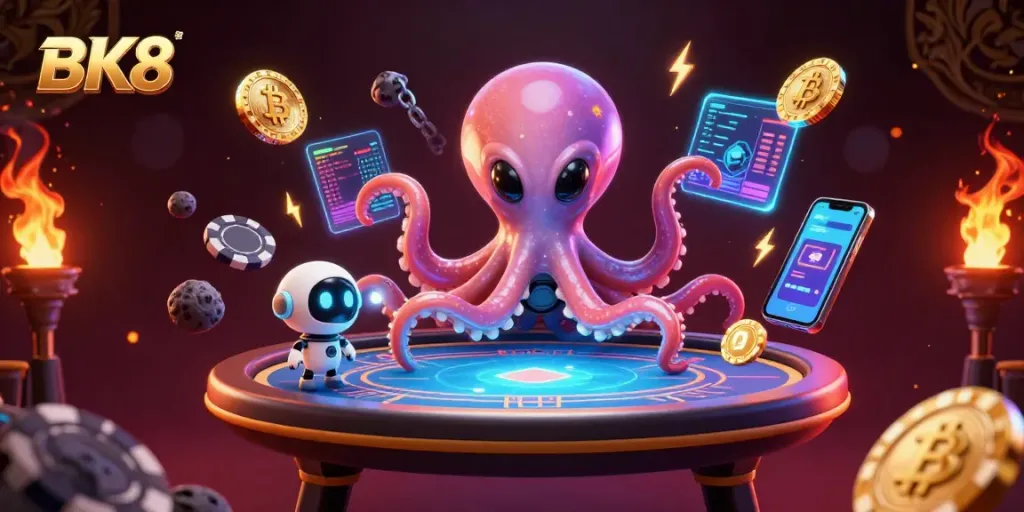 Engage with BK8, a lively illustration of an octopus managing a holographic poker table among dynamic crypto elements