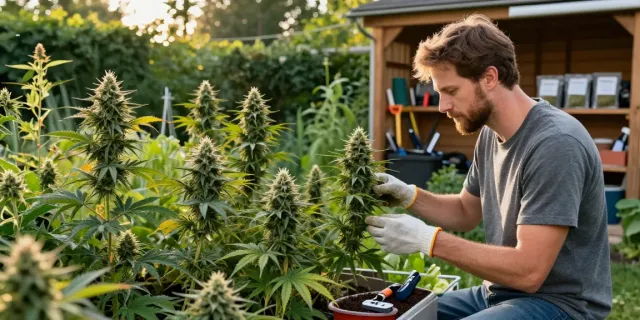 Gardener nurturing regular cannabis genetics in a vibrant outdoor garden.