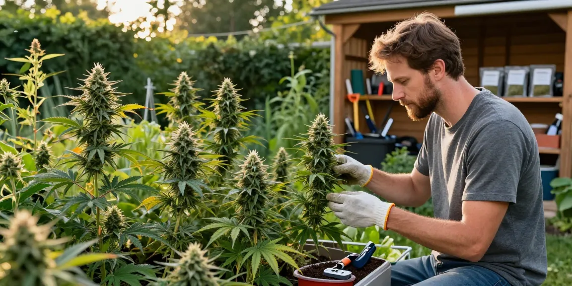 Gardener nurturing regular cannabis genetics in a vibrant outdoor garden.