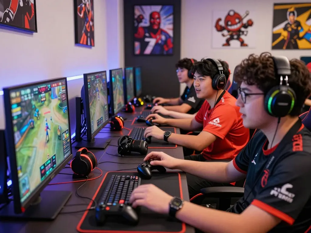 Esports betting Singapore scene with gamers discussing strategies around a modern gaming setup, showcasing excitement and camaraderie.