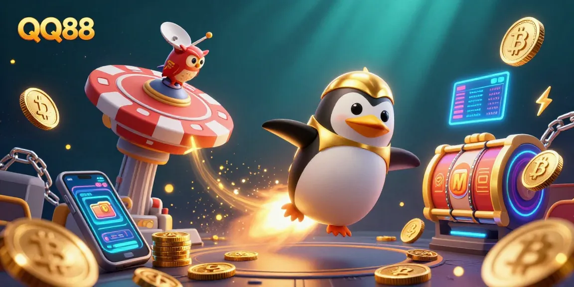Engage with QQ88's dynamic gambling universe featuring vibrant 3D elements including a golden penguin and poker chip.