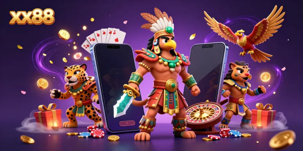 Engage in exciting gameplay at xx88 with dynamic 3D illustration featuring vibrant slots, cards, and warriors.