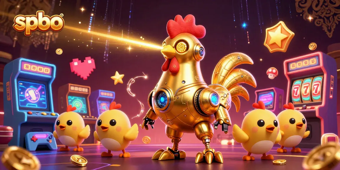 Engage with spbo's golden rooster robot and baby chick drones in a vibrant gaming scene filled with slot machines.