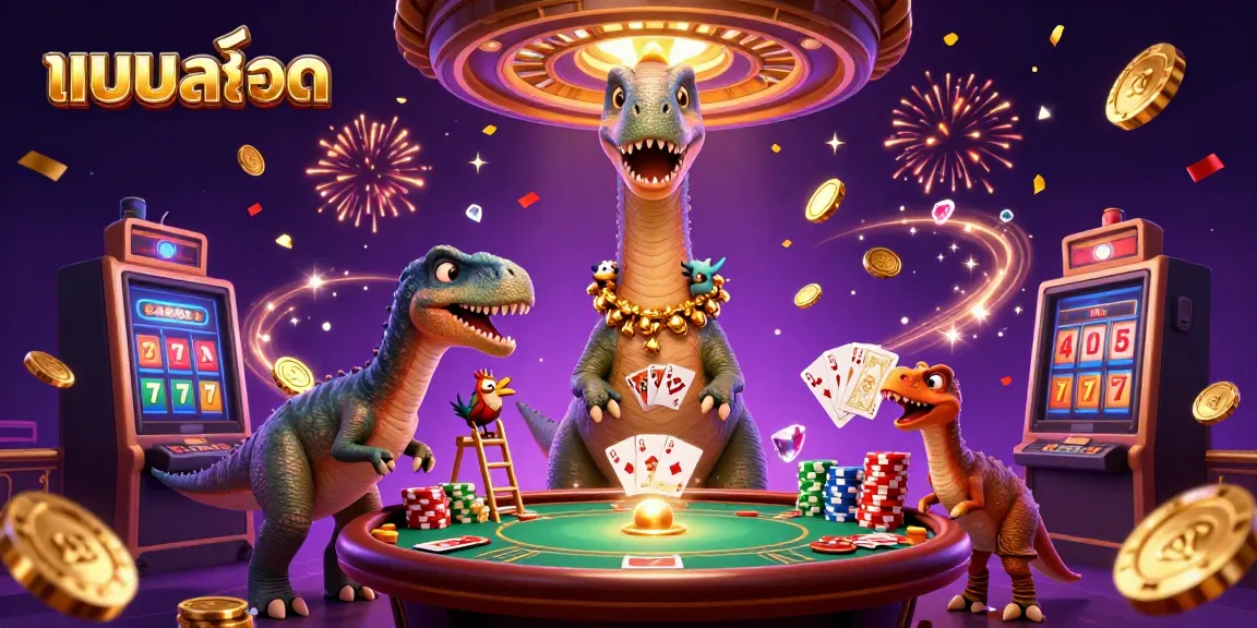 Engaging depiction of แบบสล็อต with a tall brontosaurus and clever raptor in a vibrant casino scene.