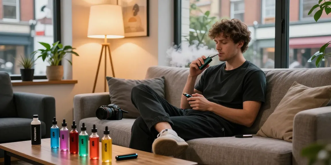 Vape UK experience with a young adult vaper enjoying a pod device in an urban apartment setting.