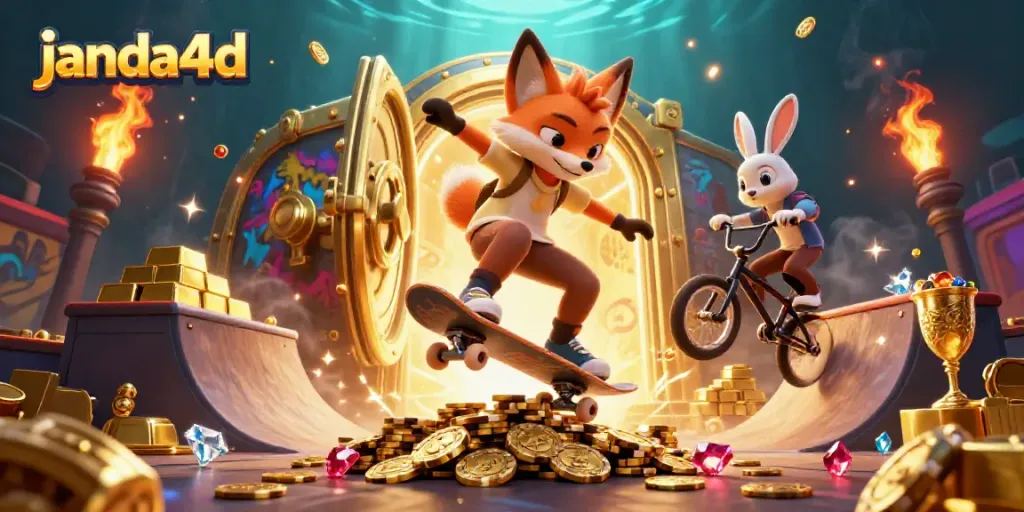 Ilustrasi kasino 3D janda4d dengan rubi dan batangan emas, menarik perhatian.