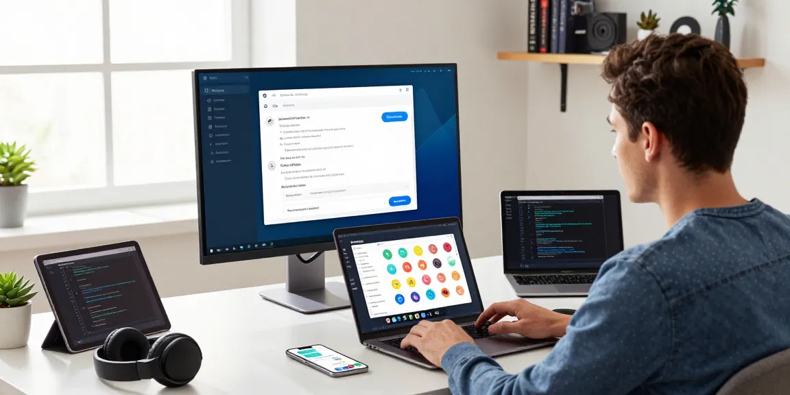 Explore Telegram Download with a tech enthusiast using multiple devices in a bright workspace.