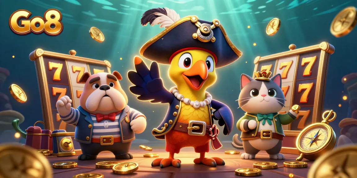 Engage with Go8's exciting slot experience featuring a pirate captain and friends at the casino.