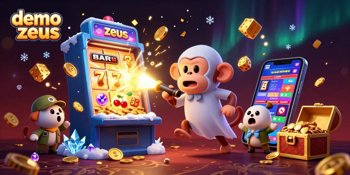 Experience the excitement of demo slot zeus with an engaging 3D illustration showcasing casino elements and characters.