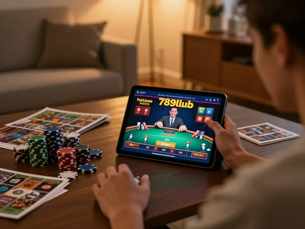 Playing 789club online casino app on tablet in a cozy home environment
